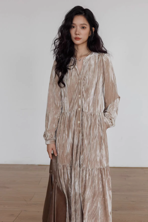 V-Neck Velvet Long Dress