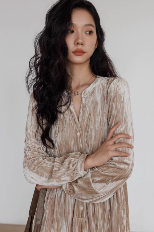 V-Neck Velvet Long Dress