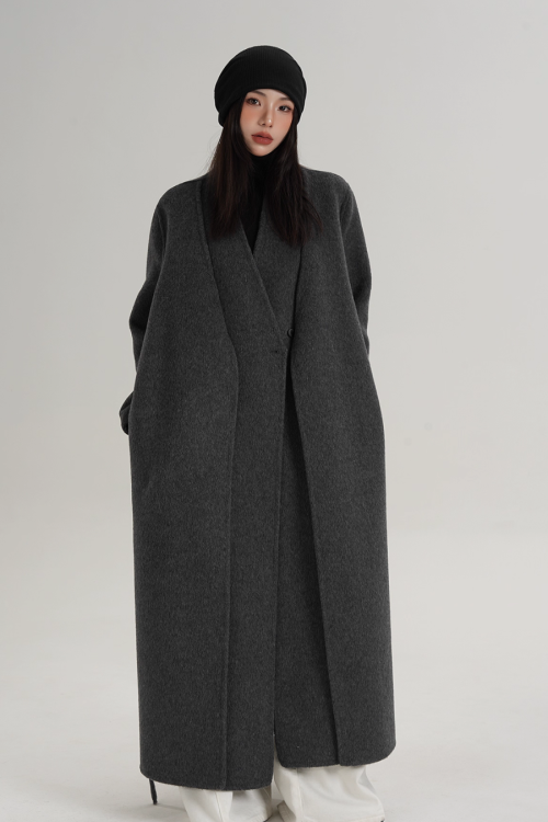 V-Neck Wool Long Coat