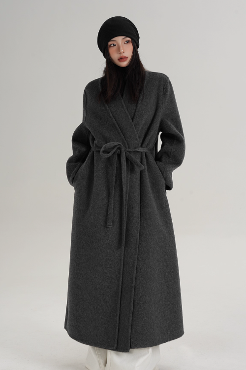 V-Neck Wool Long Coat