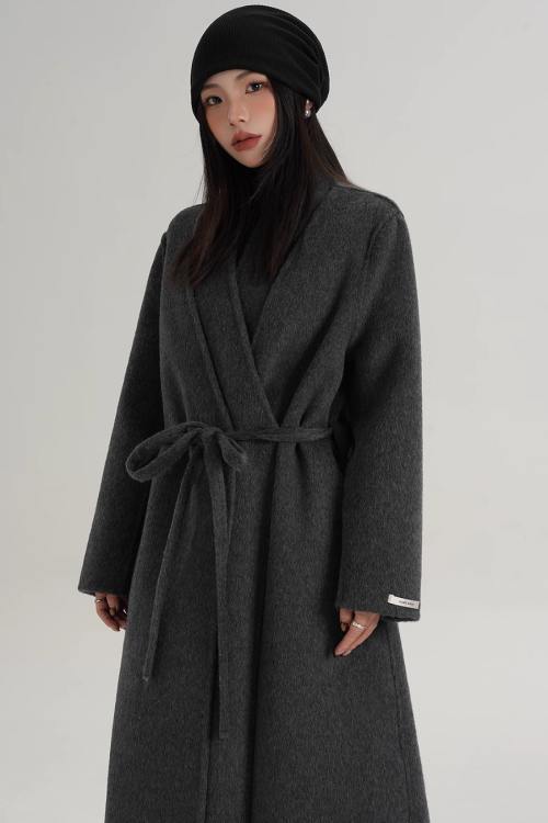 V-Neck Wool Long Coat