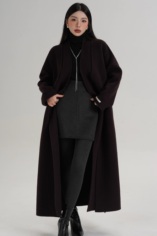 V-Neck Wool Long Coat
