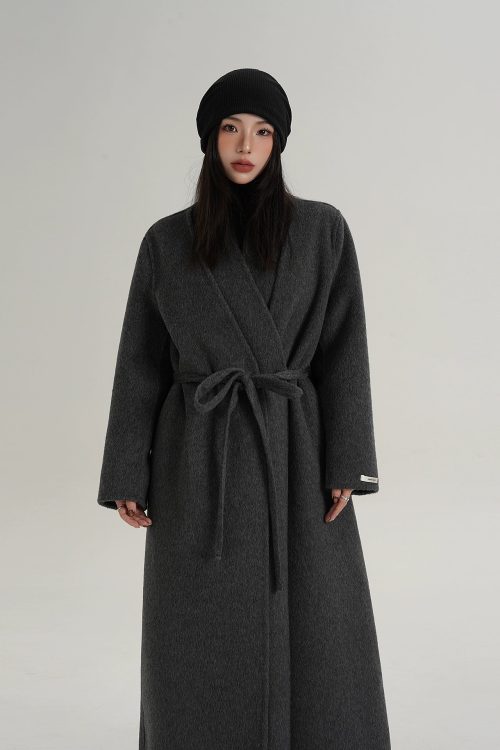 V-Neck Wool Long Coat