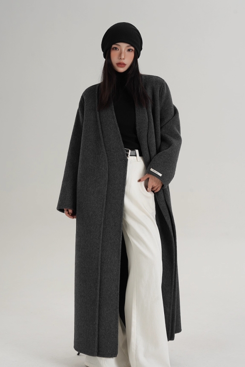 V-Neck Wool Long Coat