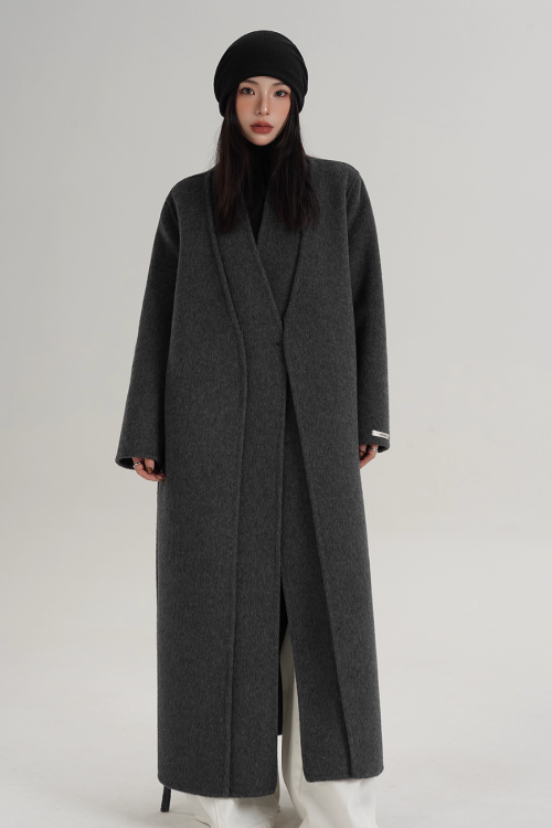 V-Neck Wool Long Coat