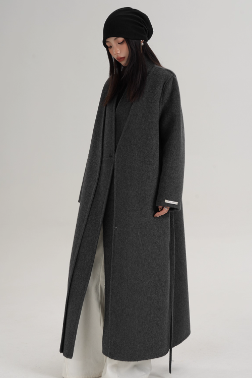 V-Neck Wool Long Coat