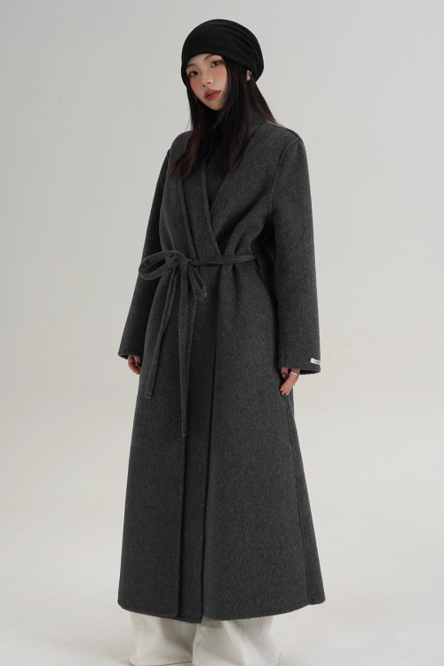 V-Neck Wool Long Coat