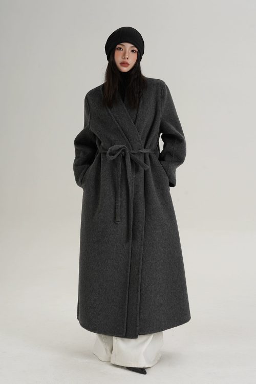 V-Neck Wool Long Coat