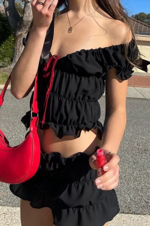 Vintage 2 Piece Set Cute Bow V Neck Ruched Crop Tops + Mini Pencil Fairycore Cottage T-shirt Y2K Kawaii Sweet Outfits Women