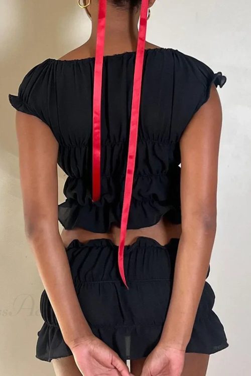 Vintage 2 Piece Set Cute Bow V Neck Ruched Crop Tops + Mini Pencil Fairycore Cottage T-shirt Y2K Kawaii Sweet Outfits Women