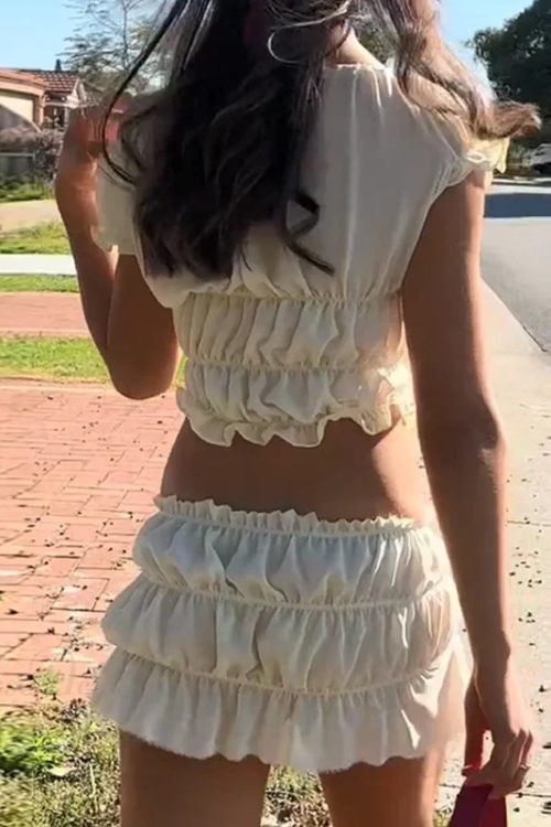 Vintage 2 Piece Set Cute Bow V Neck Ruched Crop Tops + Mini Pencil Fairycore Cottage T-shirt Y2K Kawaii Sweet Outfits Women