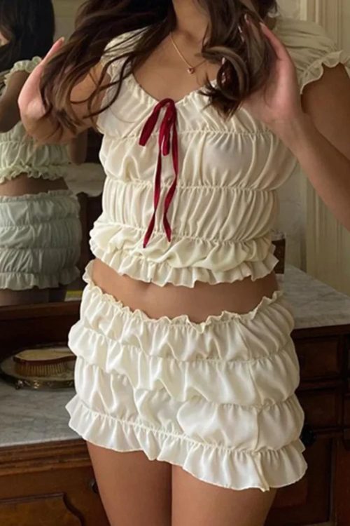 Vintage 2 Piece Set Cute Bow V Neck Ruched Crop Tops + Mini Pencil Fairycore Cottage T-shirt Y2K Kawaii Sweet Outfits Women