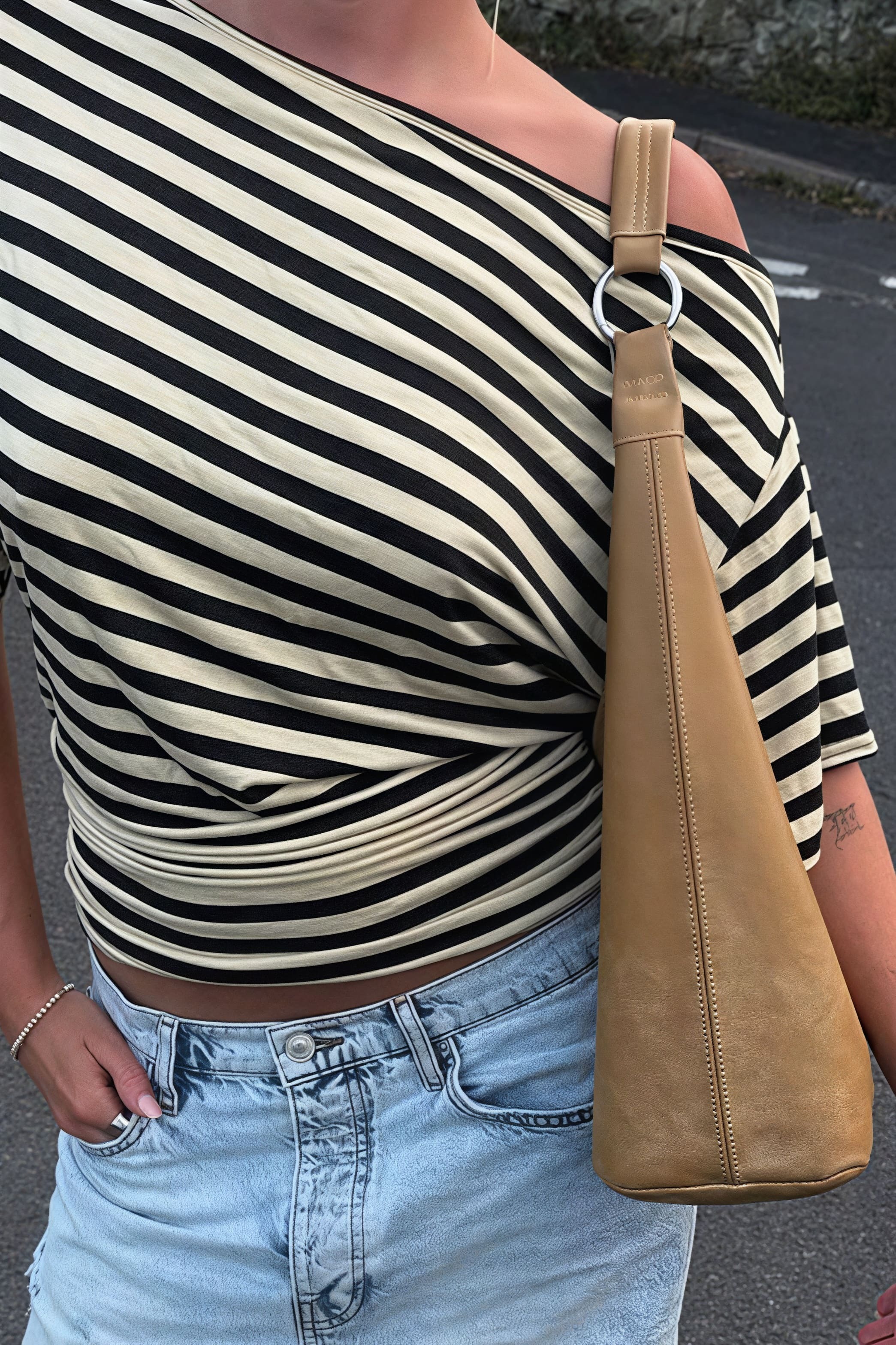 Vintage Asymmetrical Shoulder Striped Tie Waist T-shirt Vintage Asymmetrical Shoulder Striped Tie Waist T-shirt