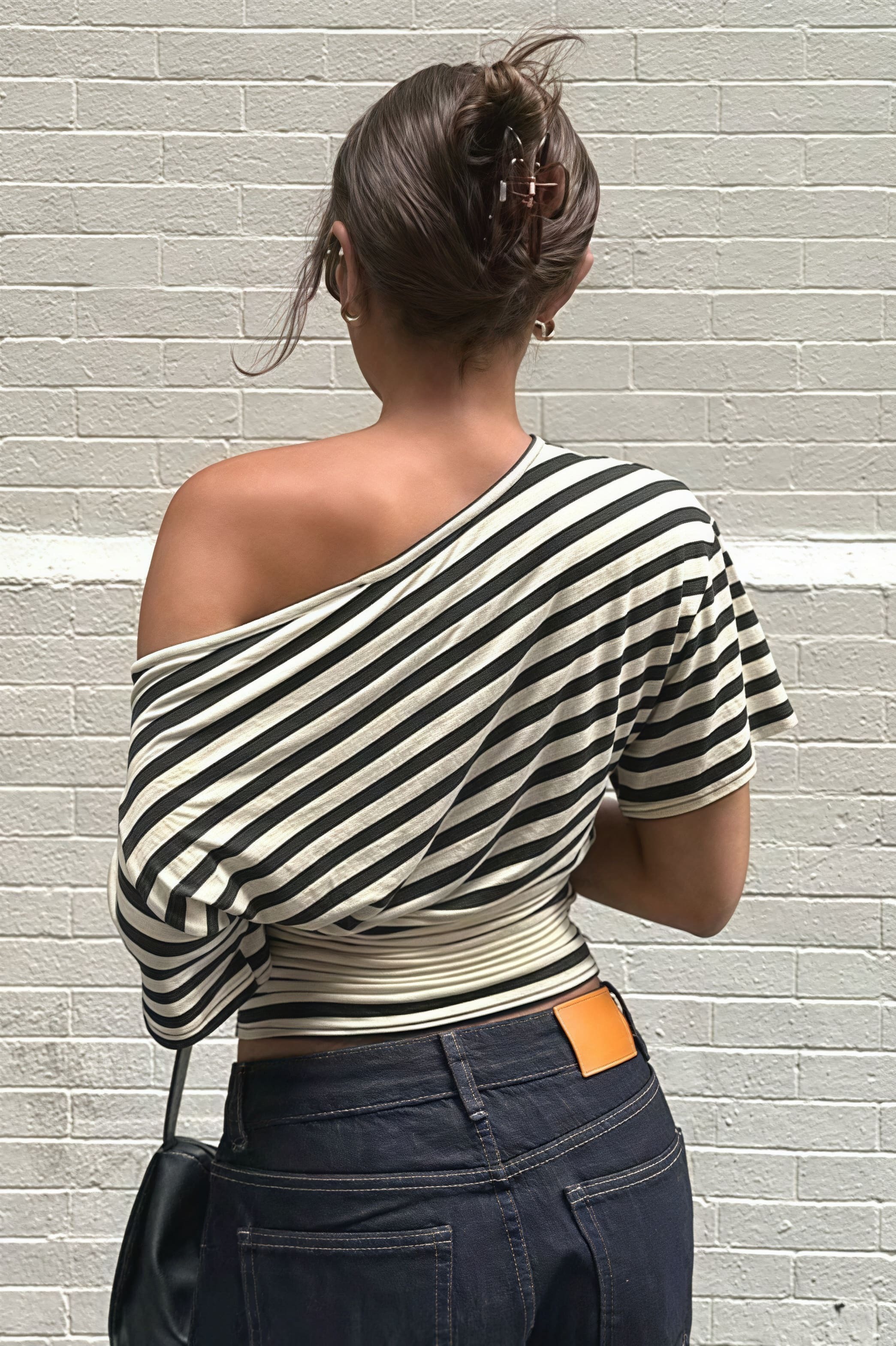 Vintage Asymmetrical Shoulder Striped Tie Waist T-shirt Vintage Asymmetrical Shoulder Striped Tie Waist T-shirt