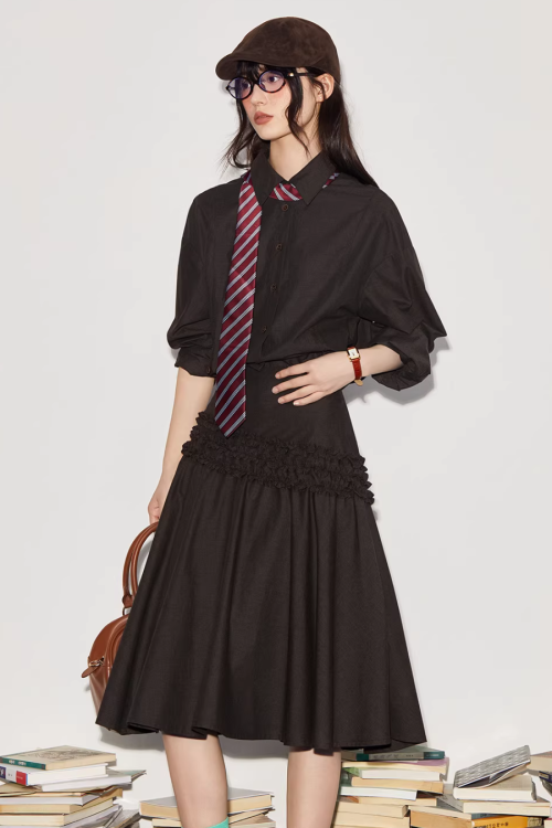 Vintage Brushed Two-Way Shirt / Pleated Lace Skirt