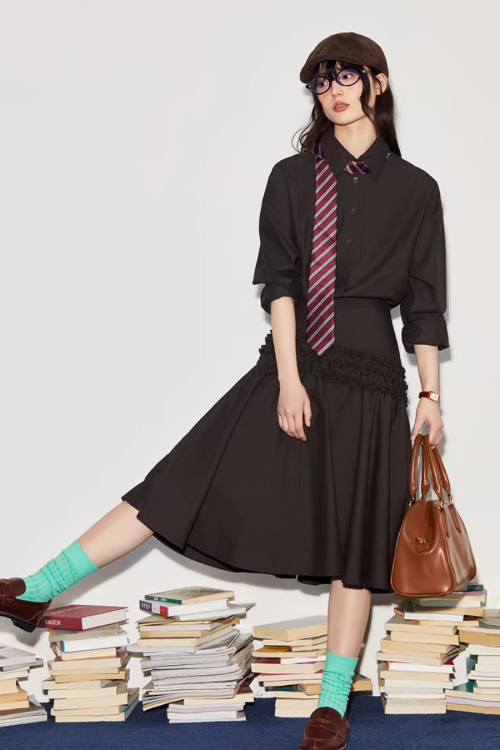 Vintage Brushed Two-Way Shirt / Pleated Lace Skirt