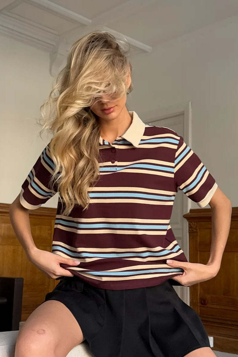 Vintage Color Block Stripe Polo Short Sleeve T-shirt