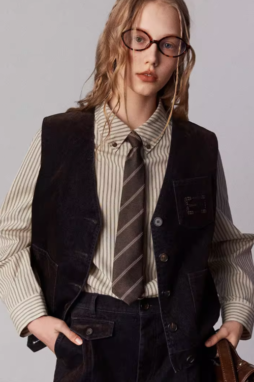 Vintage Flocked Denim Jacket / Vest / Bermuda Shorts / Tie