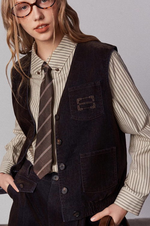 Vintage Flocked Denim Jacket / Vest / Bermuda Shorts / Tie