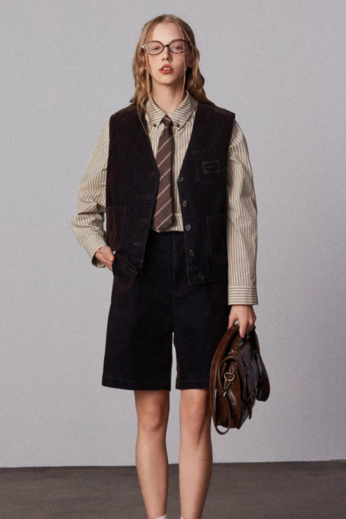 Vintage Flocked Denim Jacket / Vest / Bermuda Shorts / Tie