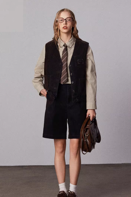 Vintage Flocked Denim Jacket / Vest / Bermuda Shorts / Tie