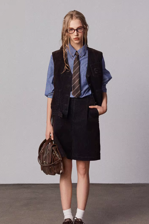 Vintage Flocked Denim Jacket / Vest / Bermuda Shorts / Tie