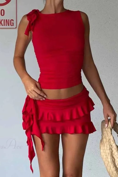 Vintage Lettuce Edge Tie Up Crop Top + Ruched Tiered Ruffles Mini Skirt Coquette 2 Piece Set Women Club Party Streetwear Outfits