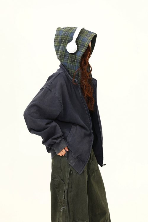 Vintage Plaid Hoodie Zip-Up Jacket