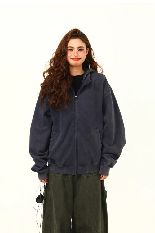 Vintage Plaid Hoodie Zip-Up Jacket