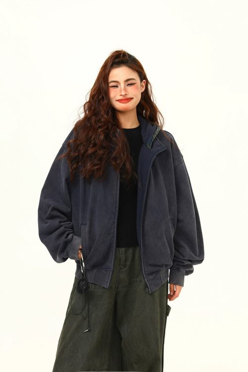 Vintage Plaid Hoodie Zip-Up Jacket