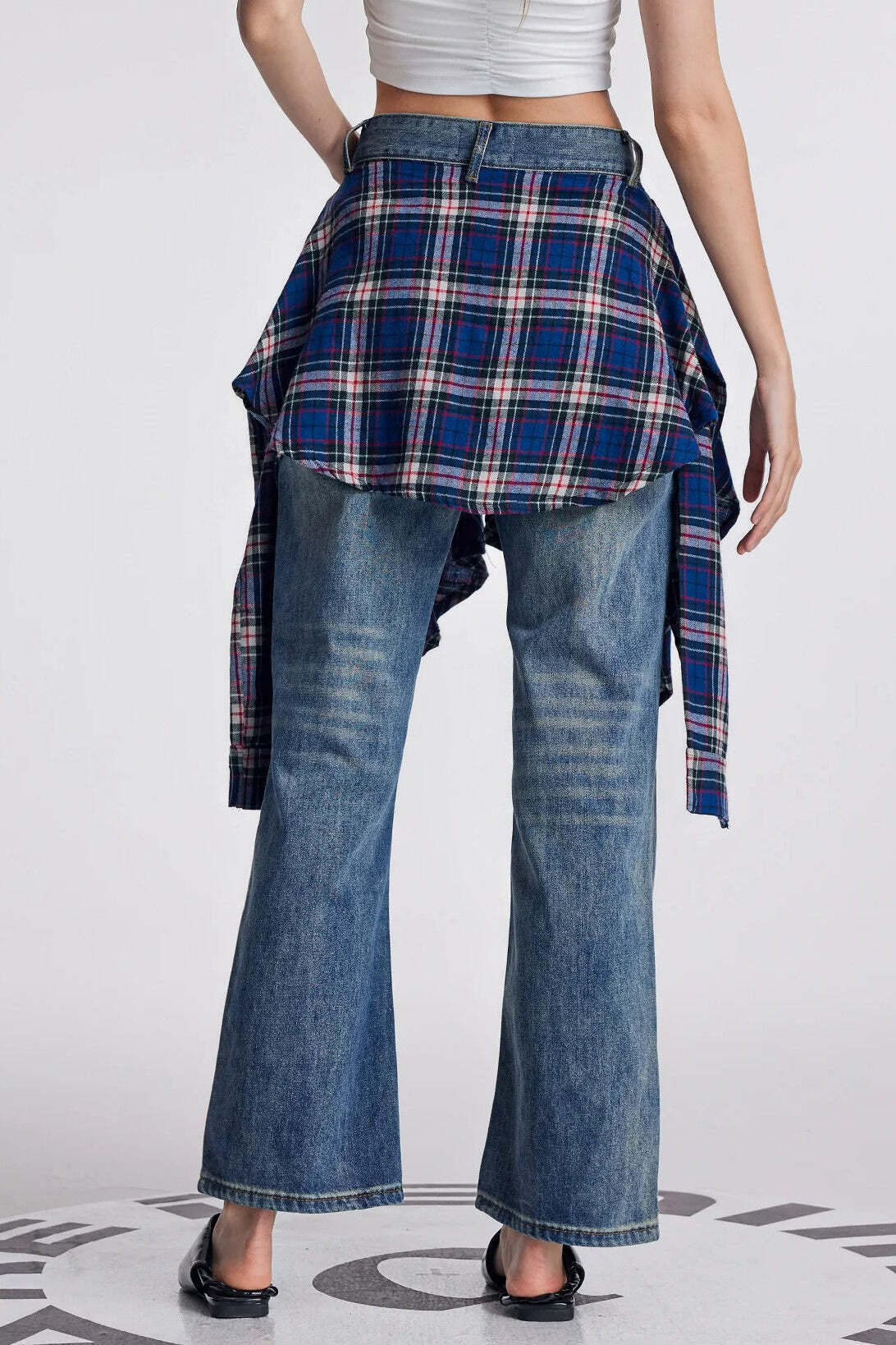 Vintage Plaid Patchwork Washed Micro-Flare Jeans Vintage Plaid Patchwork Washed Micro-Flare Jeans