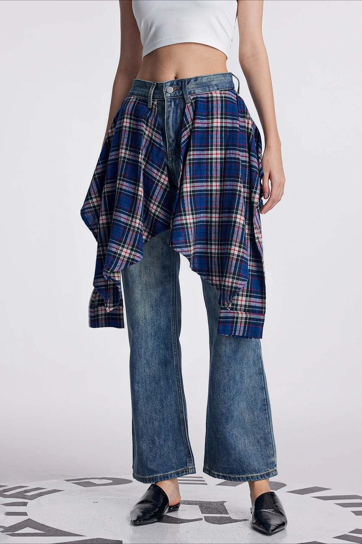 Vintage Plaid Patchwork Washed Micro-Flare Jeans