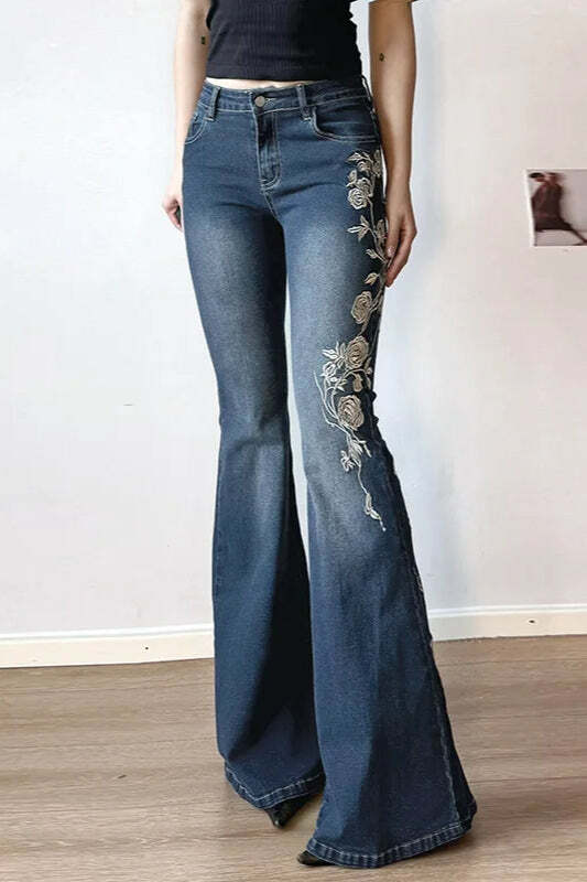 Vintage Plant Embroidered Bootcut Jeans
