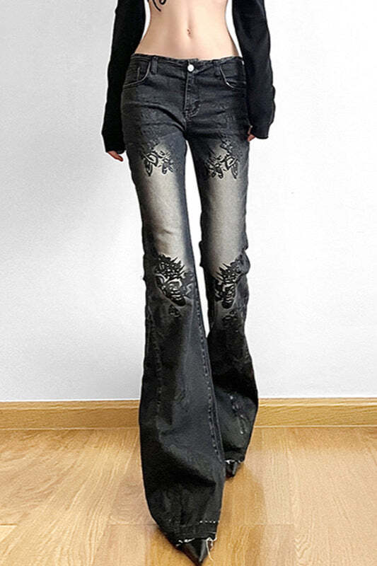 Vintage Plant Print Flared Jeans