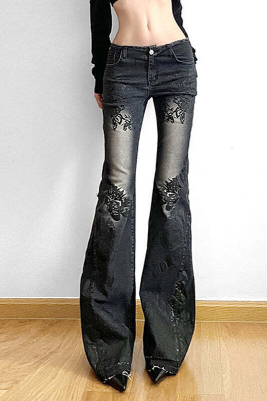 Vintage Plant Print Flared Jeans Vintage Plant Print Flared Jeans