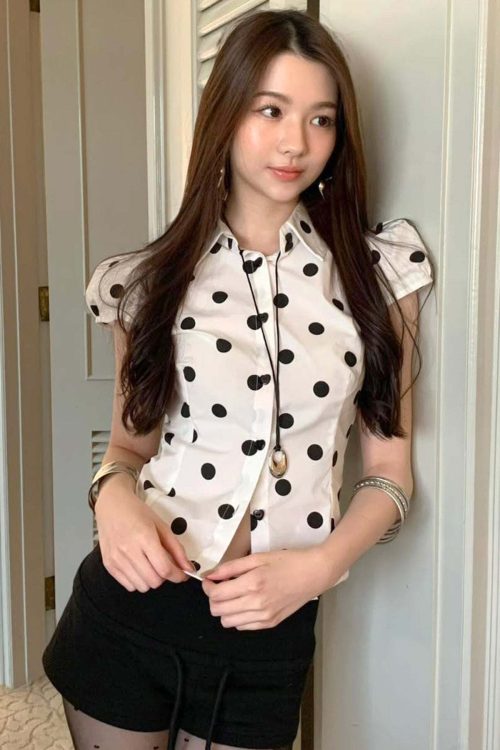 Vintage Polka Dot Print Short Sleeve Loose Versatile Blouse