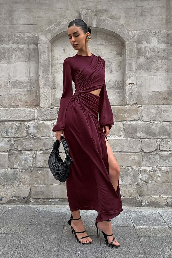 Vintage Round Neck Long Sleeve Cutout Maxi Dress