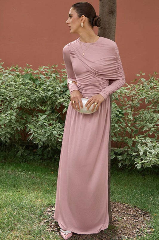 Vintage Ruched High Waist Long Sleeve Maxi Dress