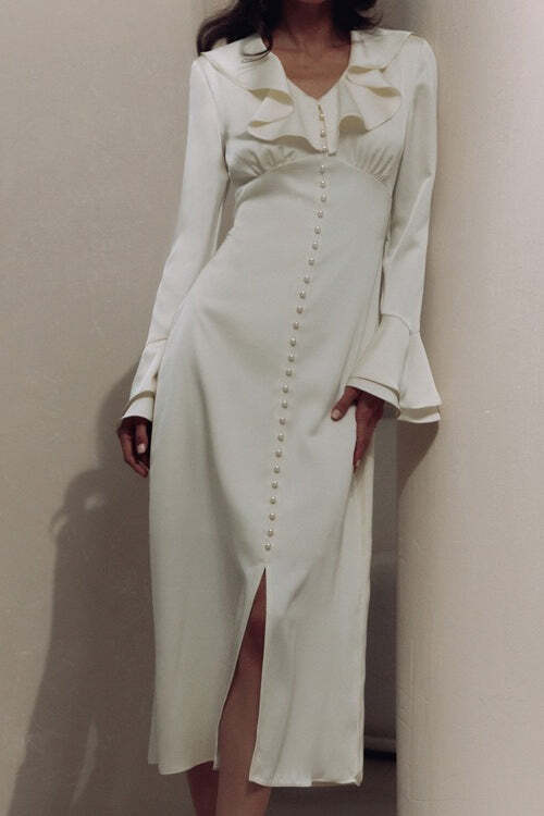 Vintage Ruffled V-Neck Flared Sleeve Maxi Dress