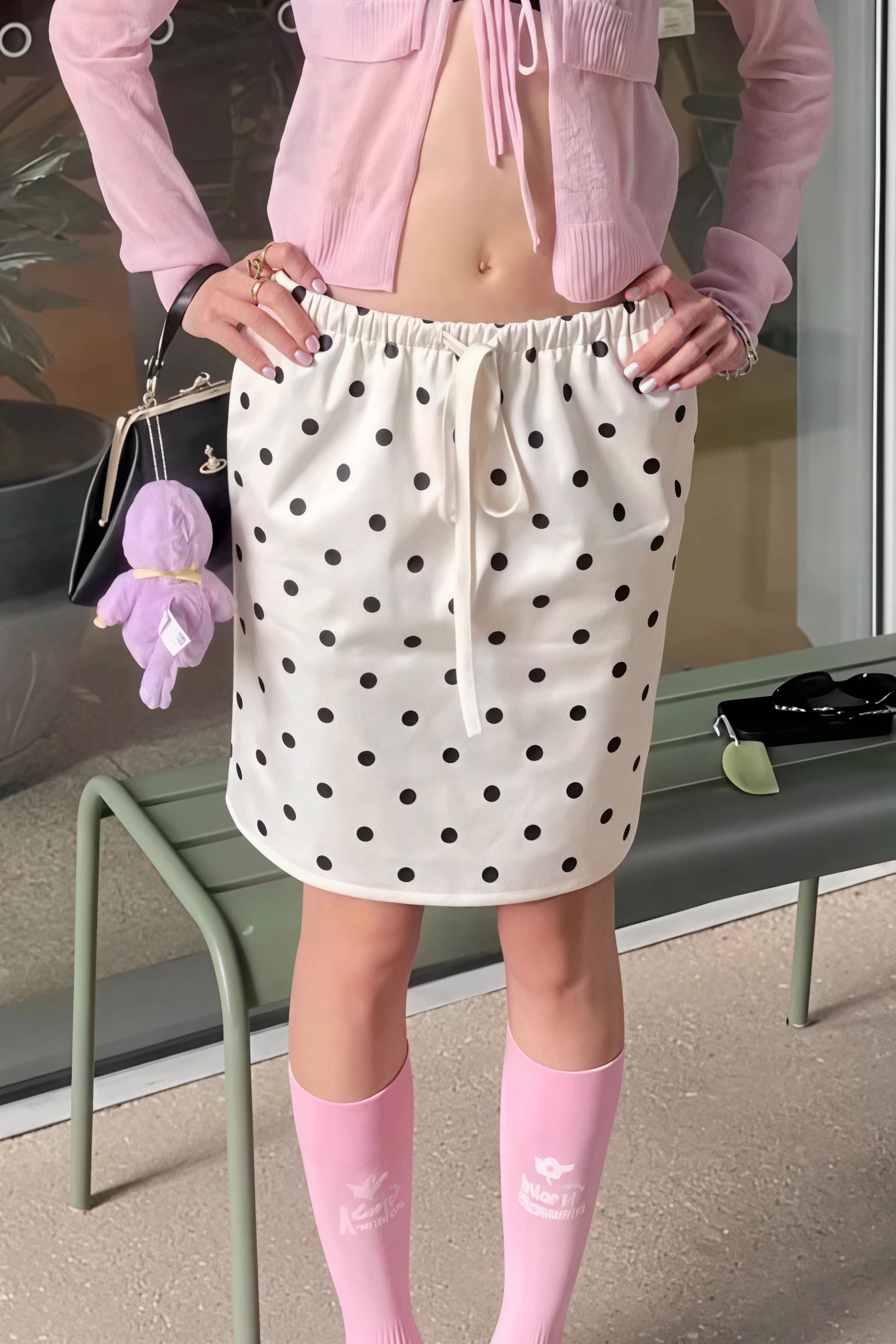 Vintage Satin Polka Dot Drawstring Midi Skirt Vintage Satin Polka Dot Drawstring Midi Skirt