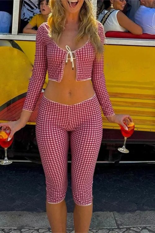 Vintage Slim Fit T-shirt Plaid Tie Front Pants Set