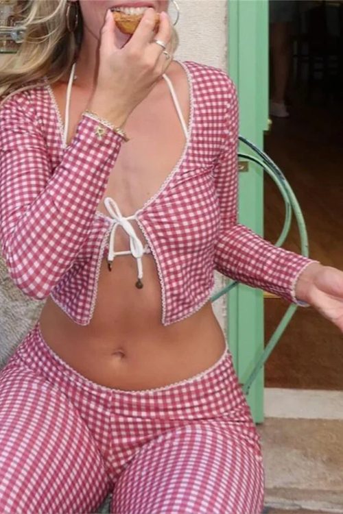 Vintage Slim Fit T-shirt Plaid Tie Front Pants Set