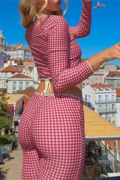 Vintage Slim Fit T-shirt Plaid Tie Front Pants Set