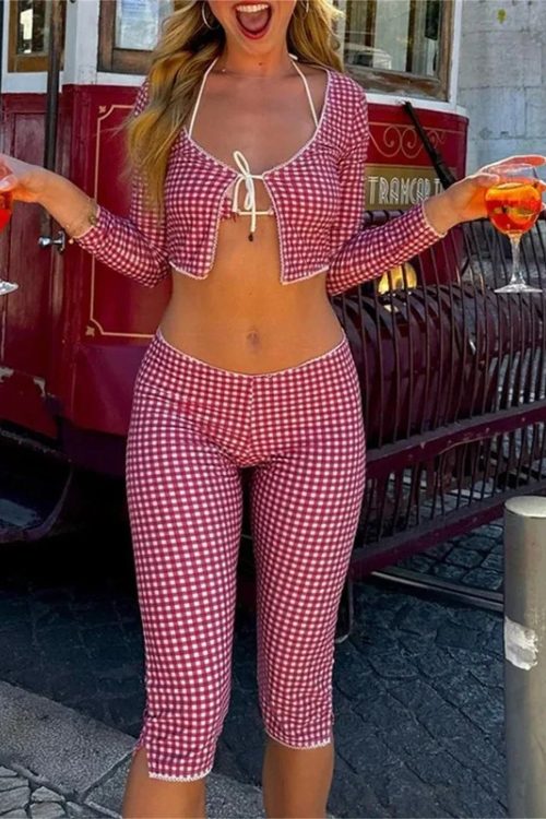 Vintage Slim Fit T-shirt Plaid Tie Front Pants Set