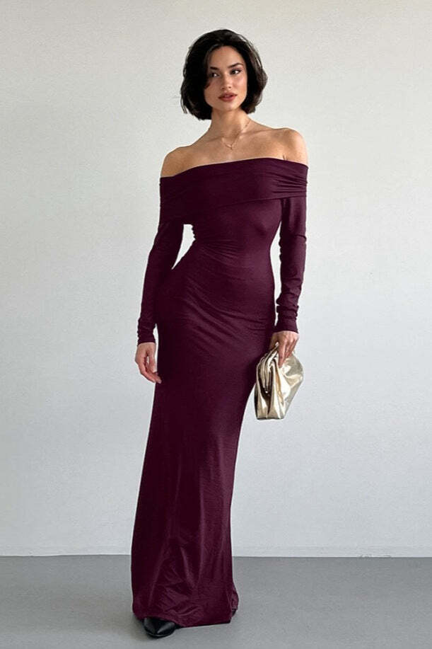 Vintage Solid Off-the-shoulder Bodycon Maxi Dress