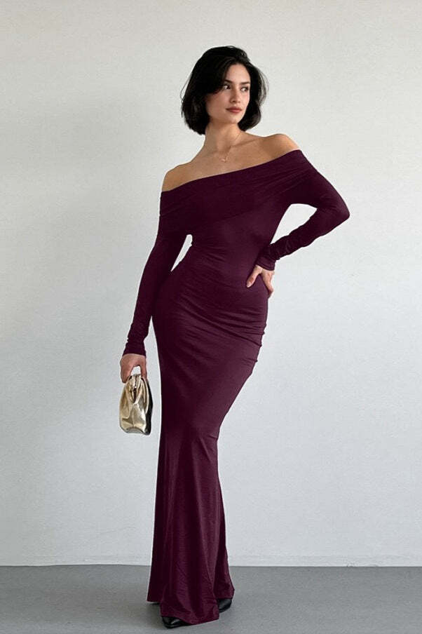 Vintage Solid Off-the-shoulder Bodycon Maxi Dress Vintage Solid Off-the-shoulder Bodycon Maxi Dress