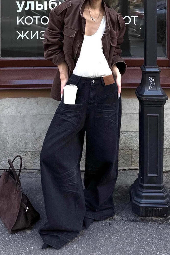 Vintage Washed Reverse Pocket Wide Leg Floor Jeans