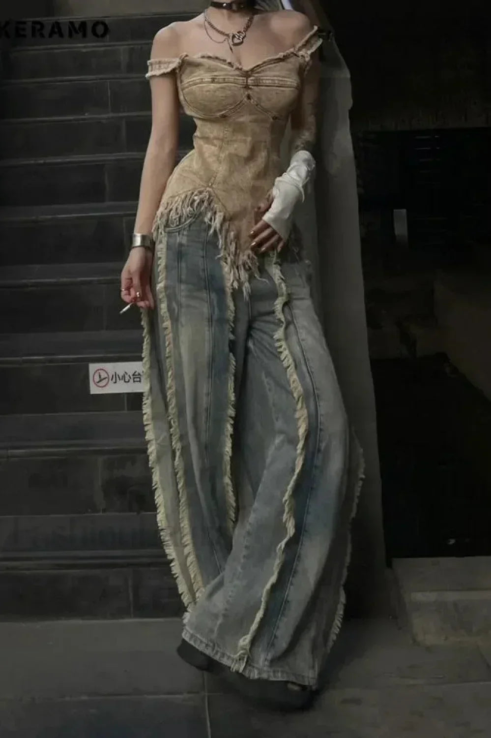 Washed Baggy Vintage Tassel Jeans Washed Baggy Vintage Tassel Jeans