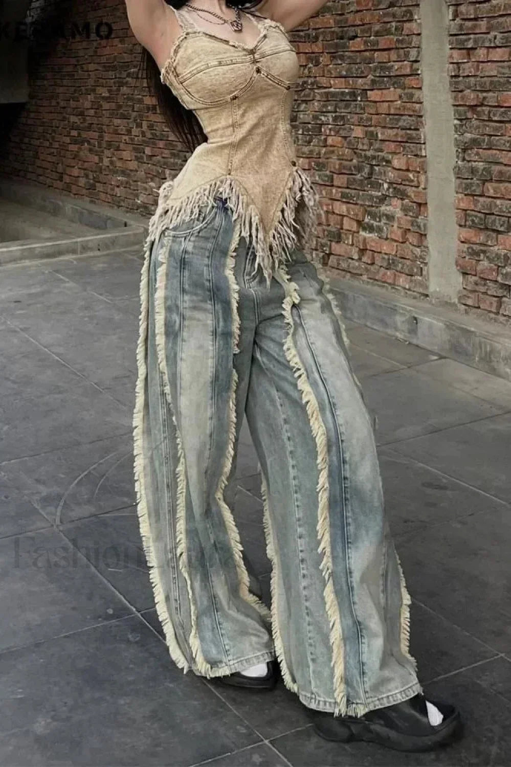 Washed Baggy Vintage Tassel Jeans
