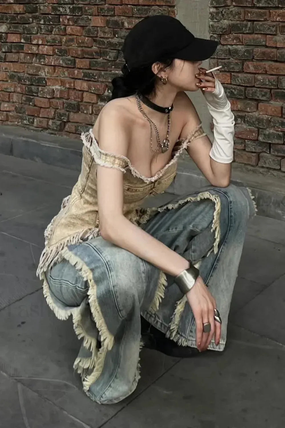 Washed Baggy Vintage Tassel Jeans Washed Baggy Vintage Tassel Jeans